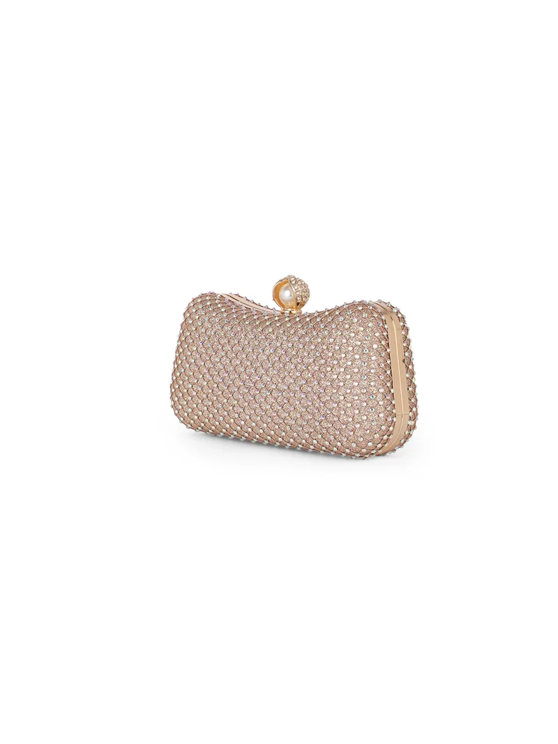 جلو باص Globus Women Rose Gold Embellished Curved Shape Party Clutch With Detachable Chain Strap